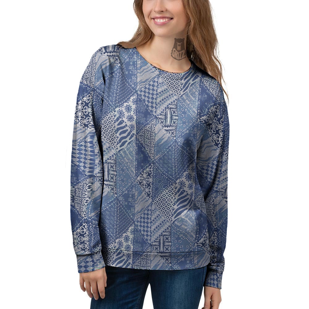 Patchwork Blue Denim Print Pattern Women's Sweatshirt-grizzshop