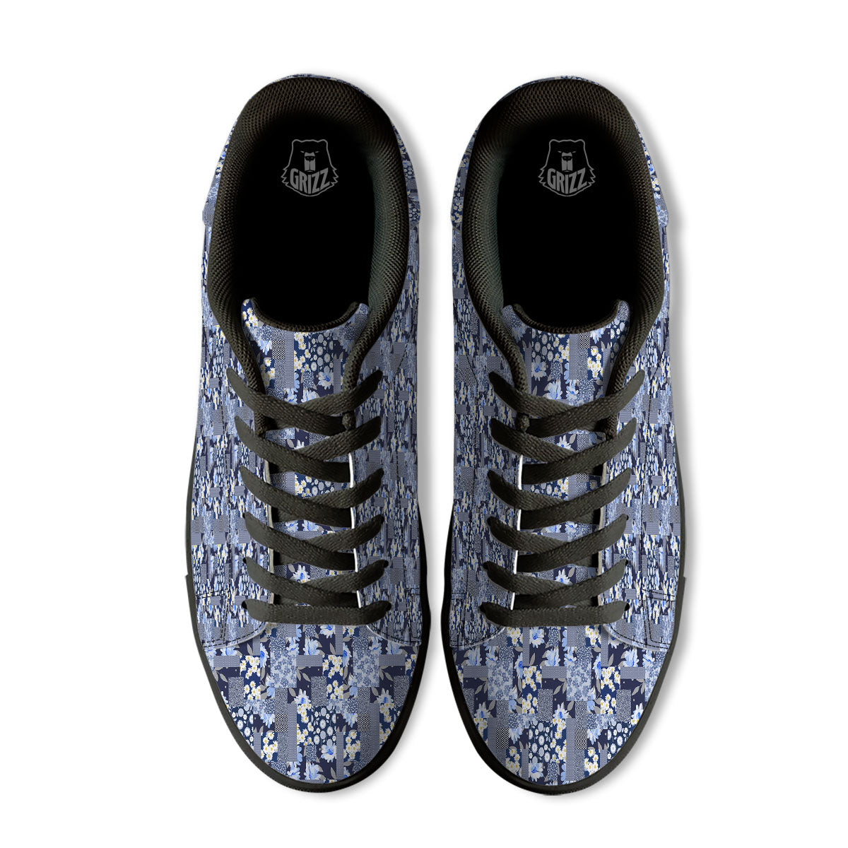 Patchwork Blue Floral Print Pattern Black Low Top Sneakers-grizzshop
