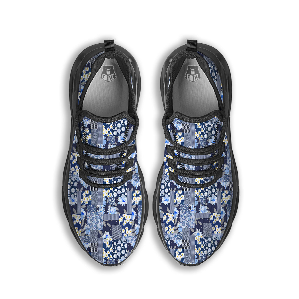Patchwork Blue Floral Print Pattern Black Running Shoes-grizzshop