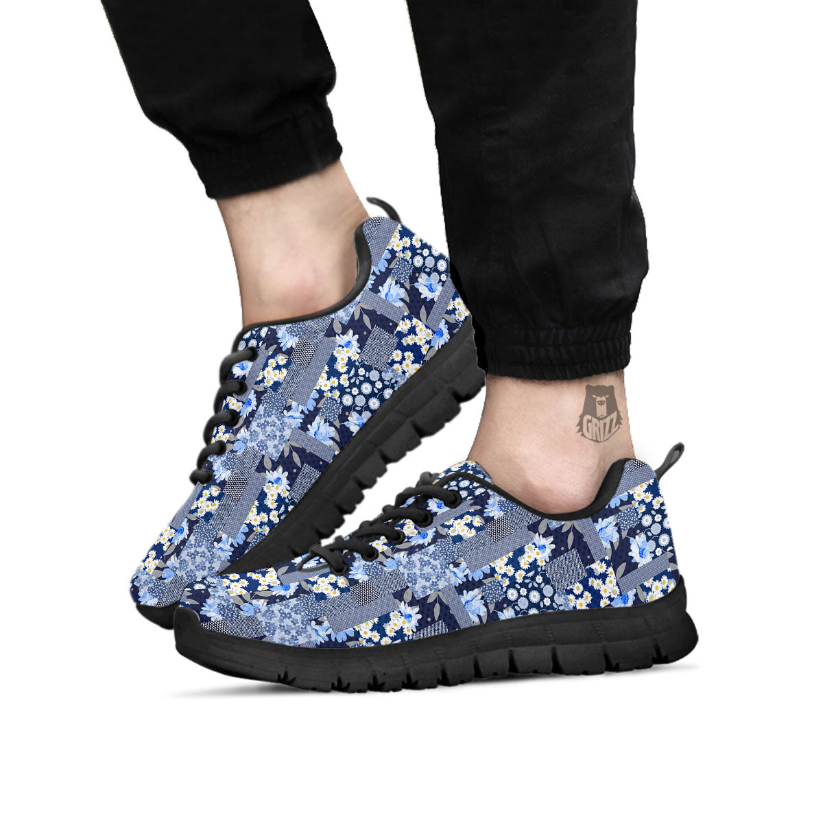 Patchwork Blue Floral Print Pattern Black Sneaker-grizzshop