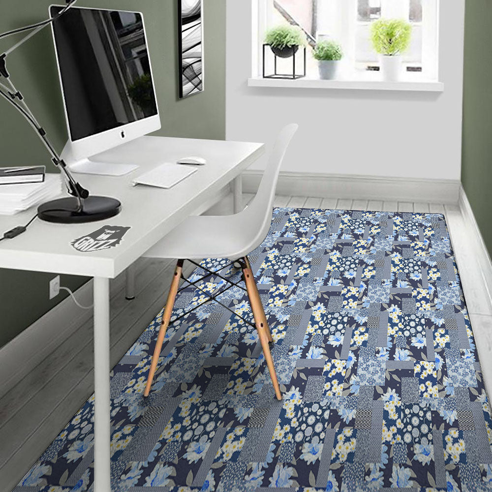 Patchwork Blue Floral Print Pattern Floor Mat-grizzshop