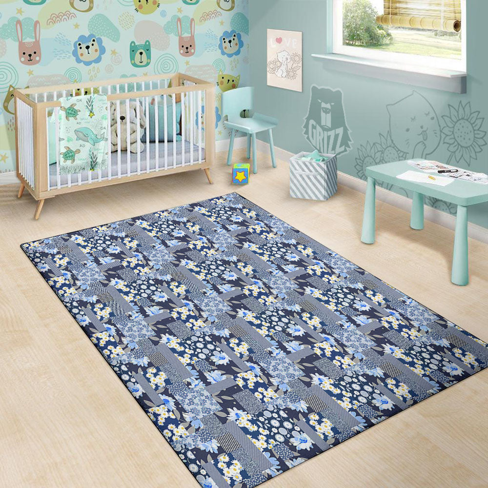 Patchwork Blue Floral Print Pattern Floor Mat-grizzshop