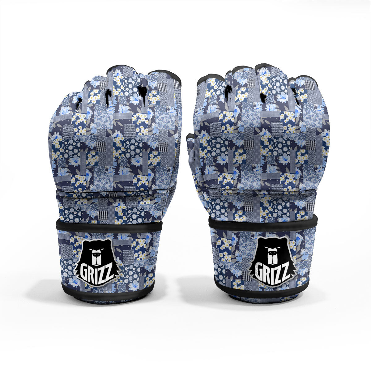 Patchwork Blue Floral Print Pattern MMA Gloves-grizzshop