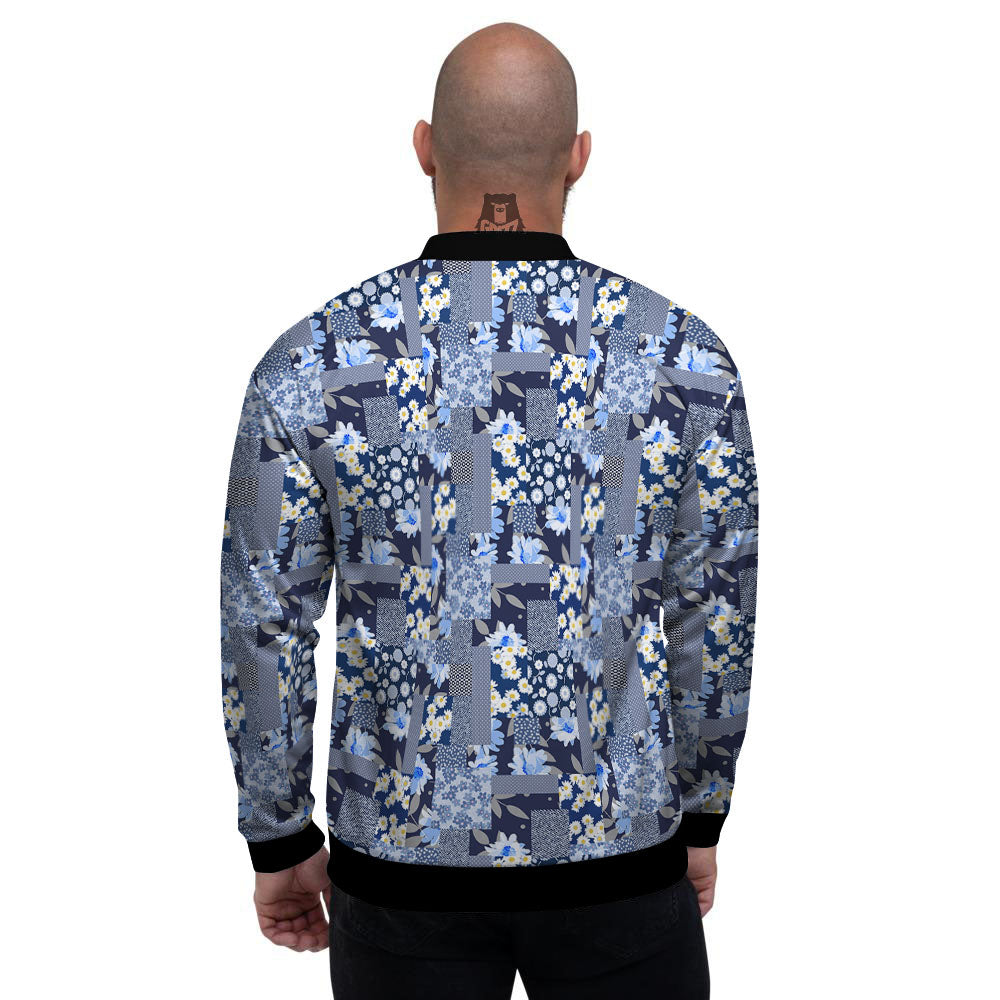Patchwork Blue Floral Print Pattern Men's Bomber Jacket-grizzshop