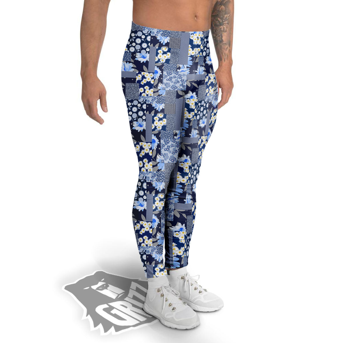 Patchwork Blue Floral Print Pattern Men's Leggings-grizzshop
