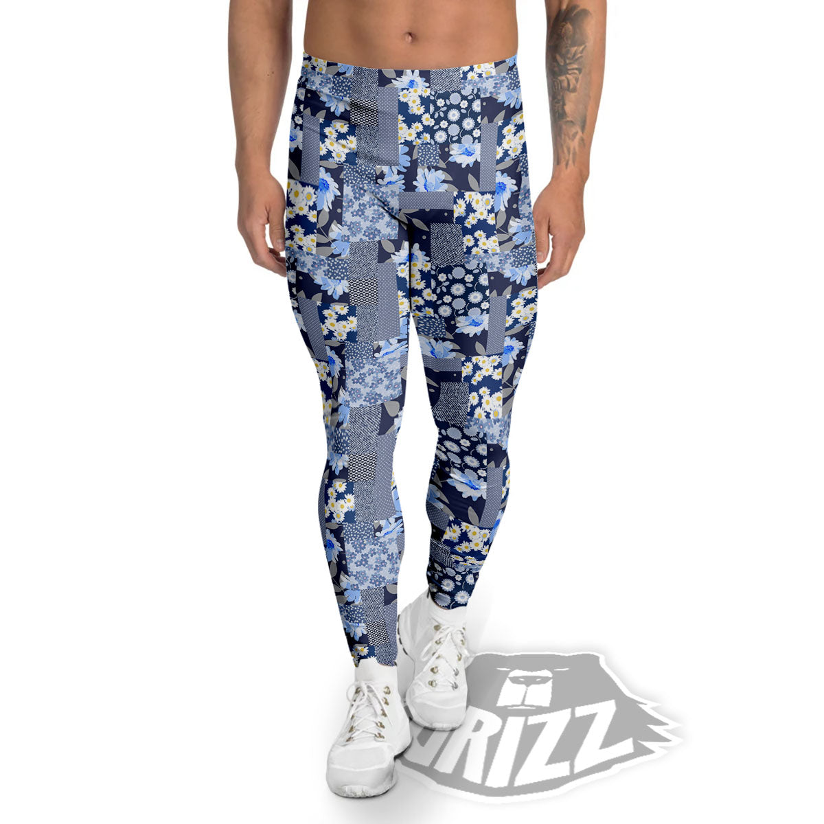 Patchwork Blue Floral Print Pattern Men's Leggings-grizzshop