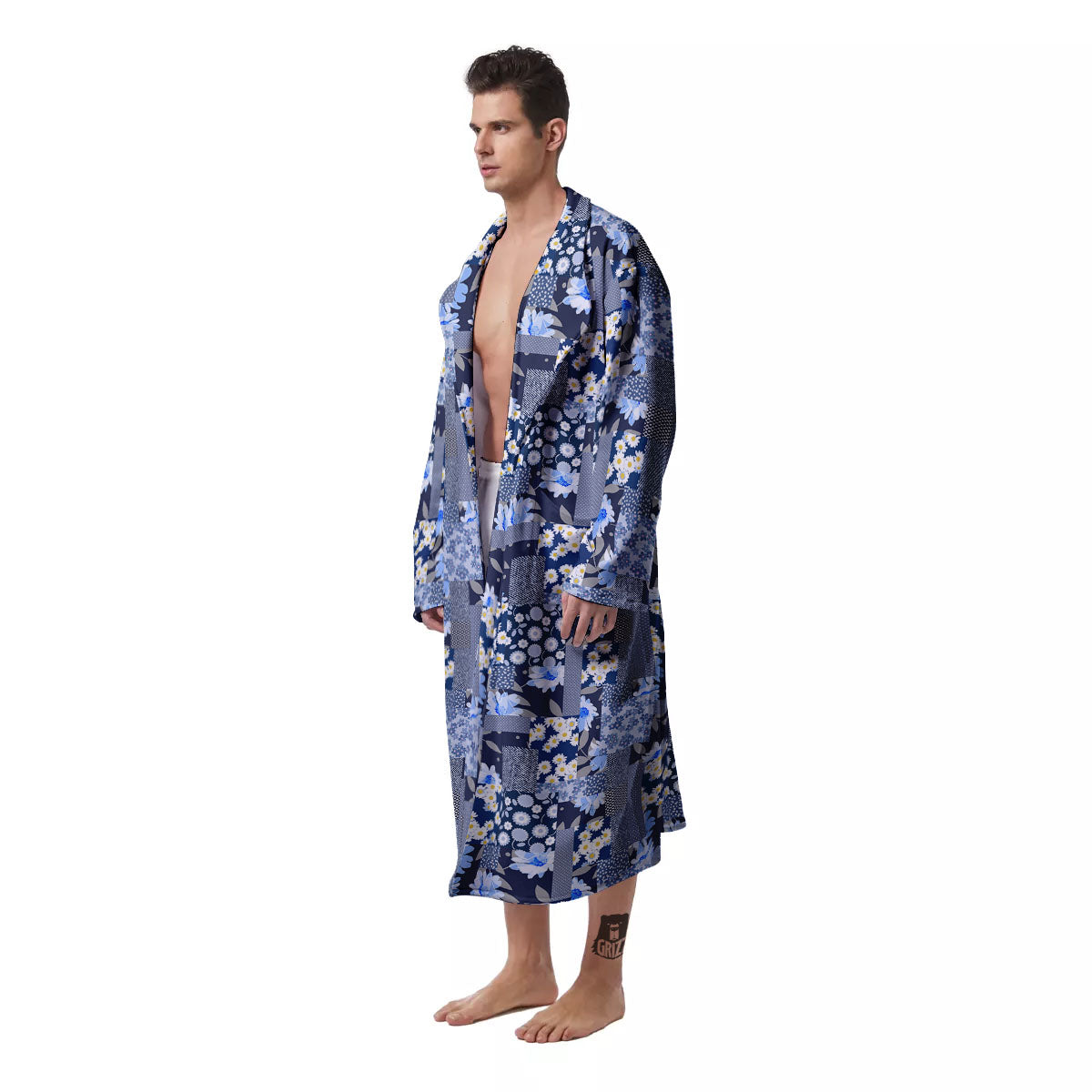 Patchwork Blue Floral Print Pattern Men's Robe-grizzshop