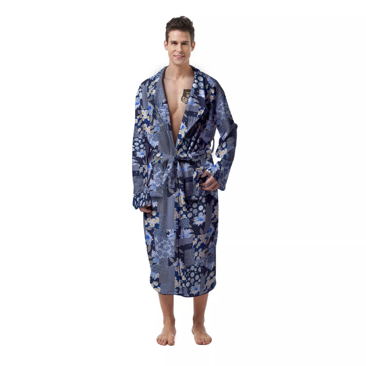 Patchwork Blue Floral Print Pattern Men's Robe-grizzshop