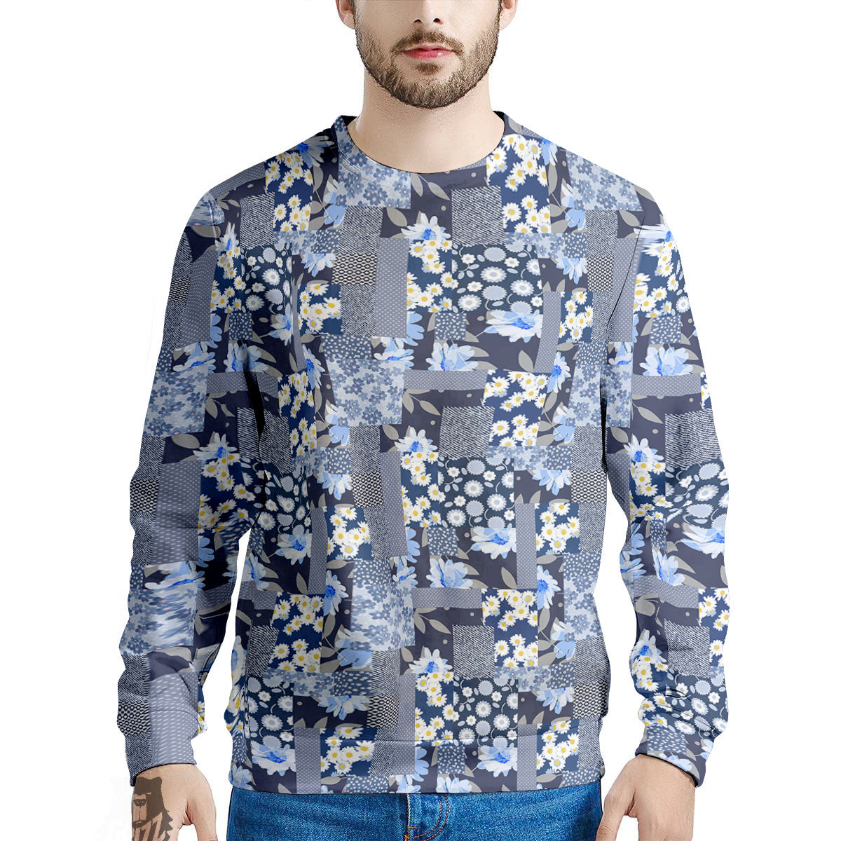Patchwork Blue Floral Print Pattern Men's Sweatshirt-grizzshop