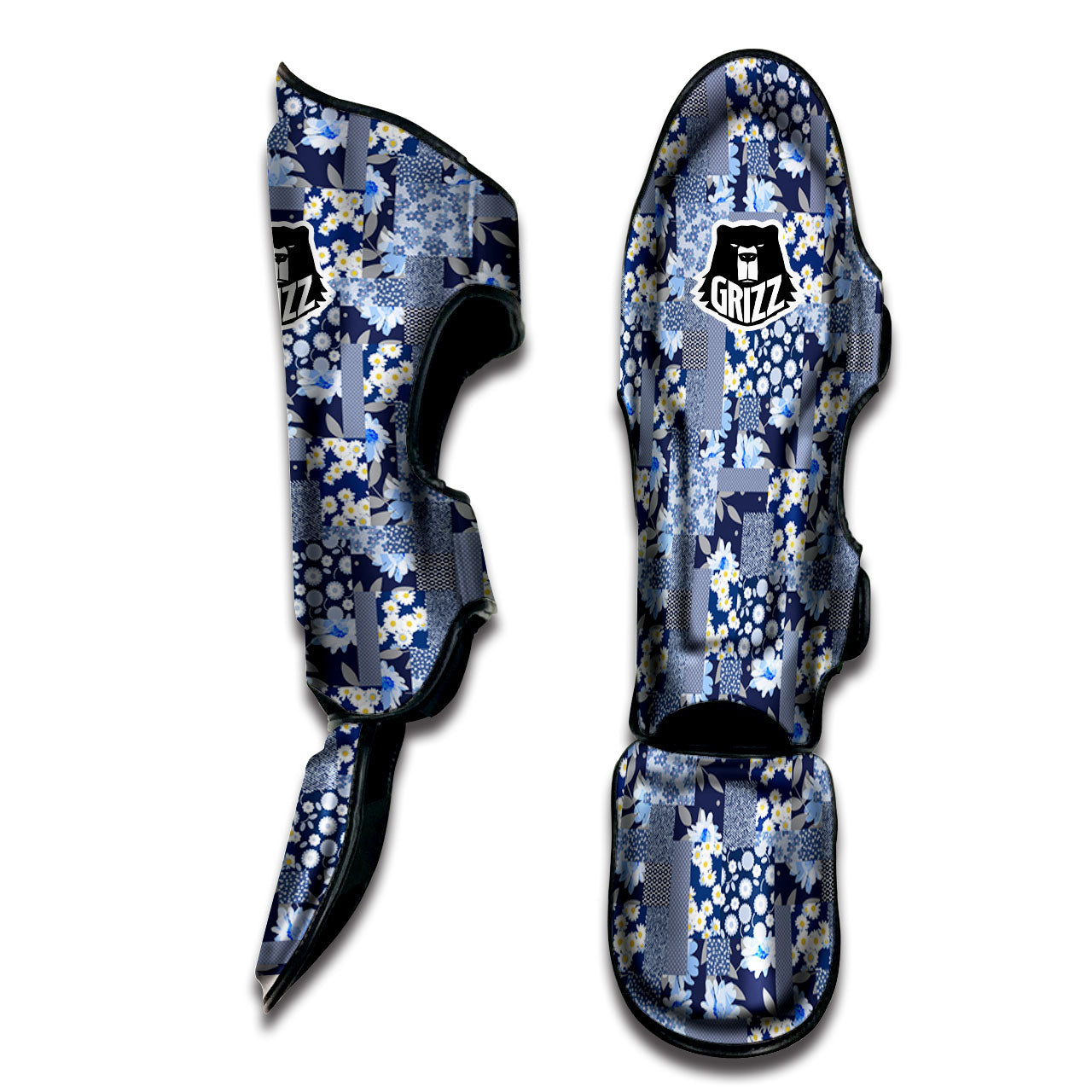 Patchwork Blue Floral Print Pattern Muay Thai Shin Guards-grizzshop