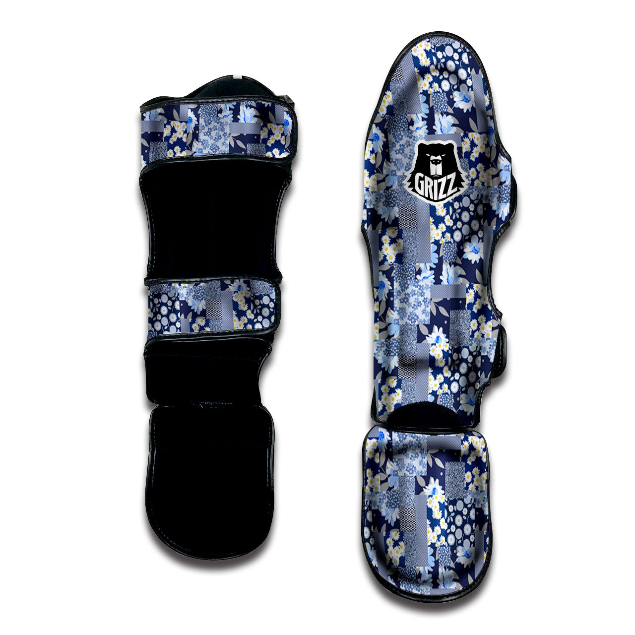 Patchwork Blue Floral Print Pattern Muay Thai Shin Guards-grizzshop