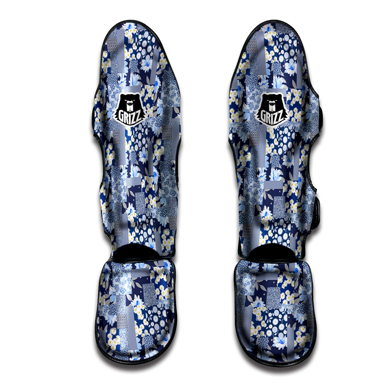 Patchwork Blue Floral Print Pattern Muay Thai Shin Guards-grizzshop