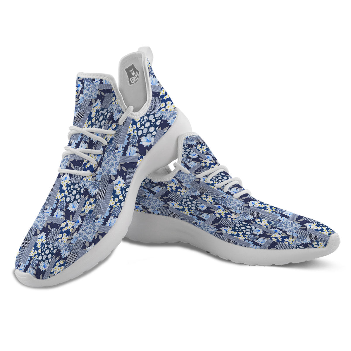 Patchwork Blue Floral Print Pattern White Athletic Shoes-grizzshop