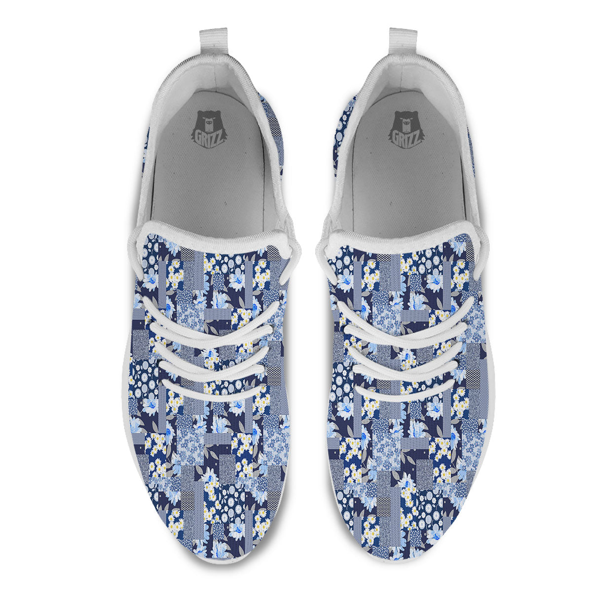 Patchwork Blue Floral Print Pattern White Athletic Shoes-grizzshop