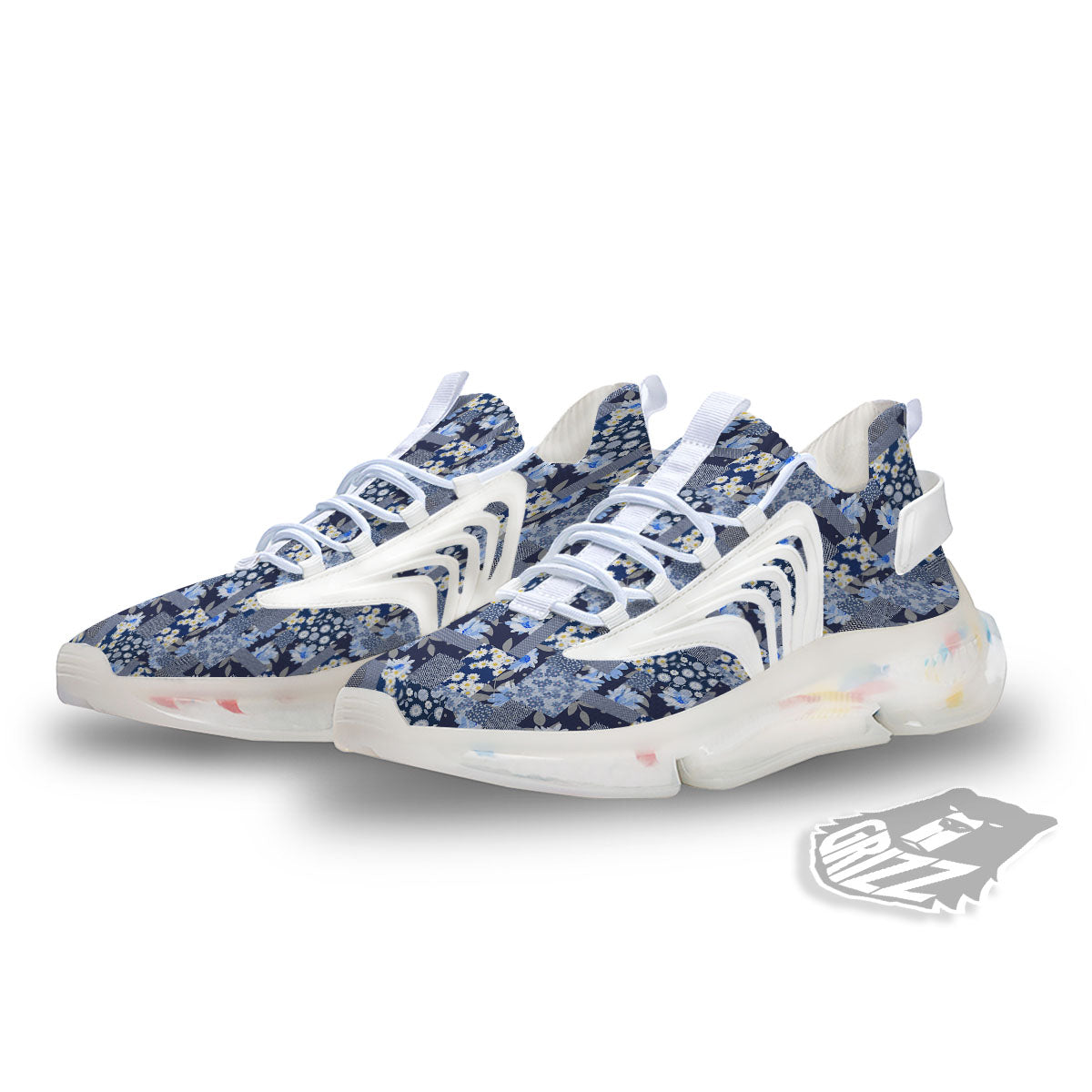 Patchwork Blue Floral Print Pattern White Gym Shoes-grizzshop