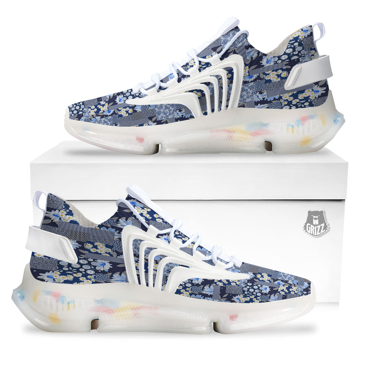Patchwork Blue Floral Print Pattern White Gym Shoes-grizzshop