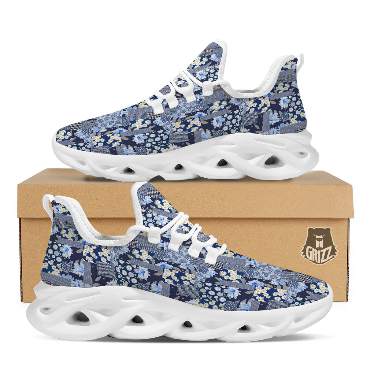 Patchwork Blue Floral Print Pattern White Running Shoes-grizzshop