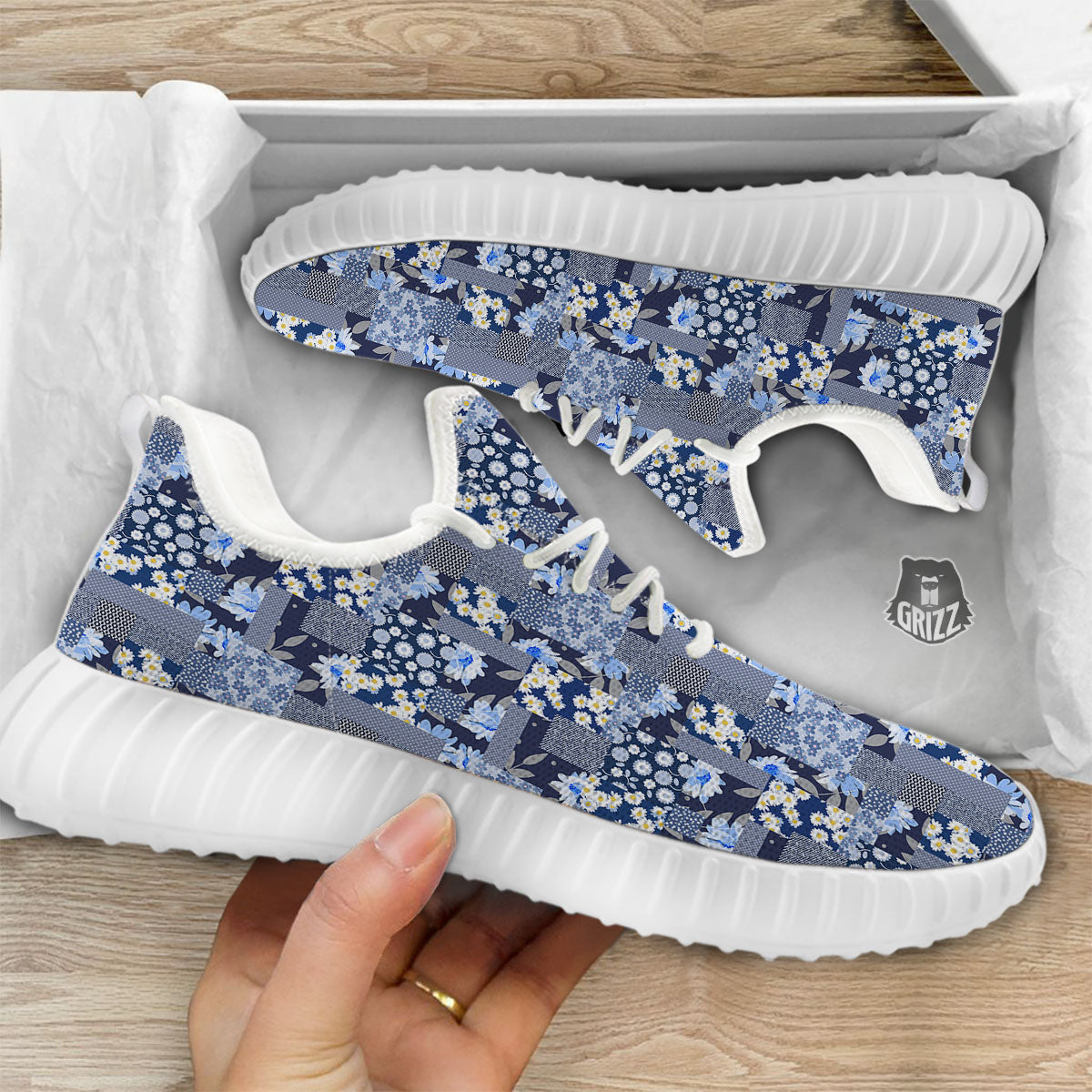Patchwork Blue Floral Print Pattern White Walking Shoes-grizzshop