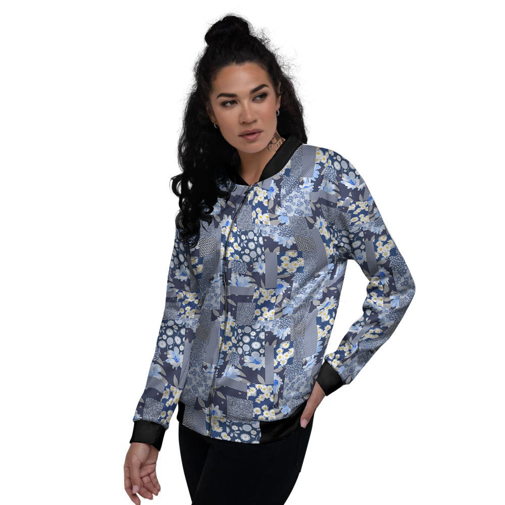 Patchwork Blue Floral Print Pattern Women's Bomber Jacket-grizzshop