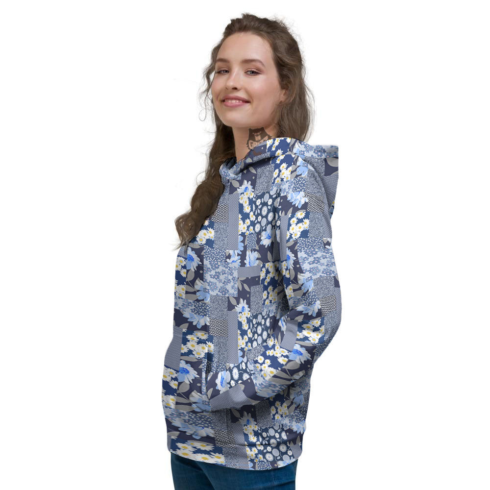 Patchwork Blue Floral Print Pattern Women's Hoodie-grizzshop