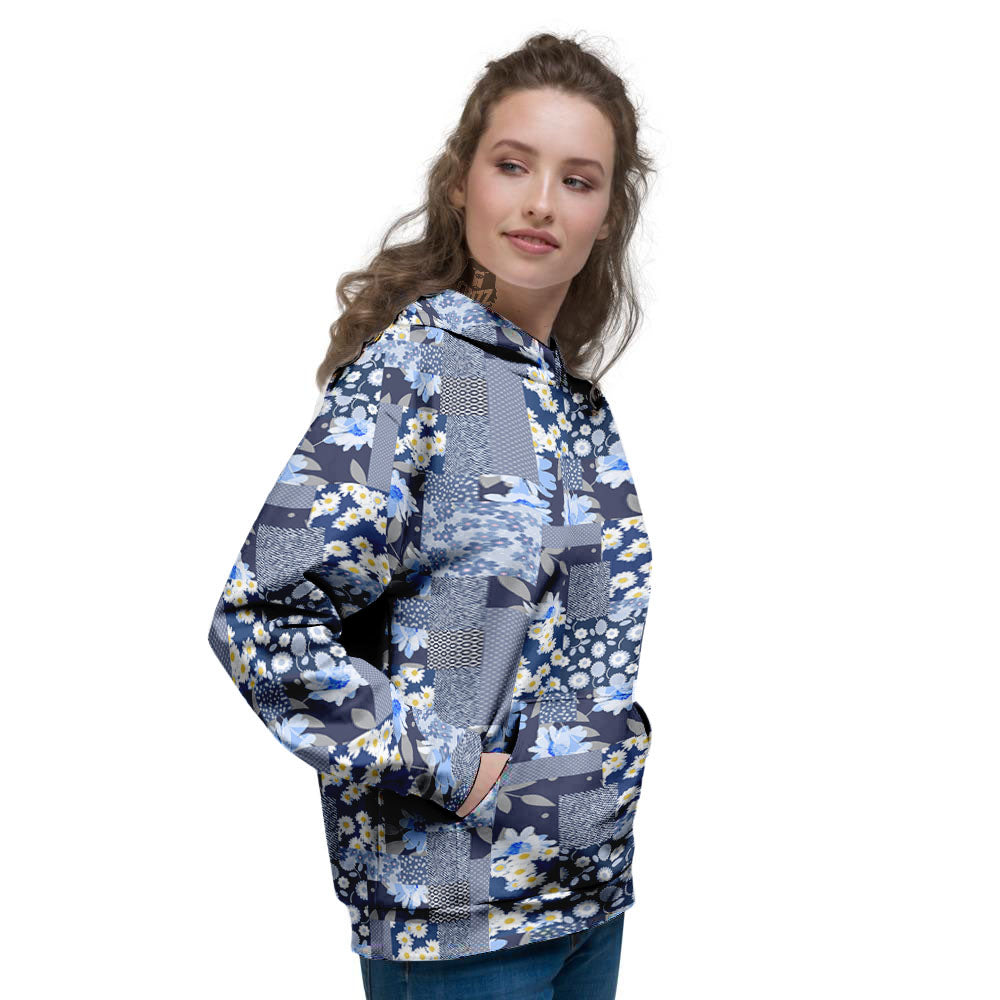 Patchwork Blue Floral Print Pattern Women's Hoodie-grizzshop