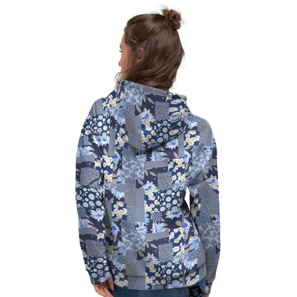 Patchwork Blue Floral Print Pattern Women's Hoodie-grizzshop