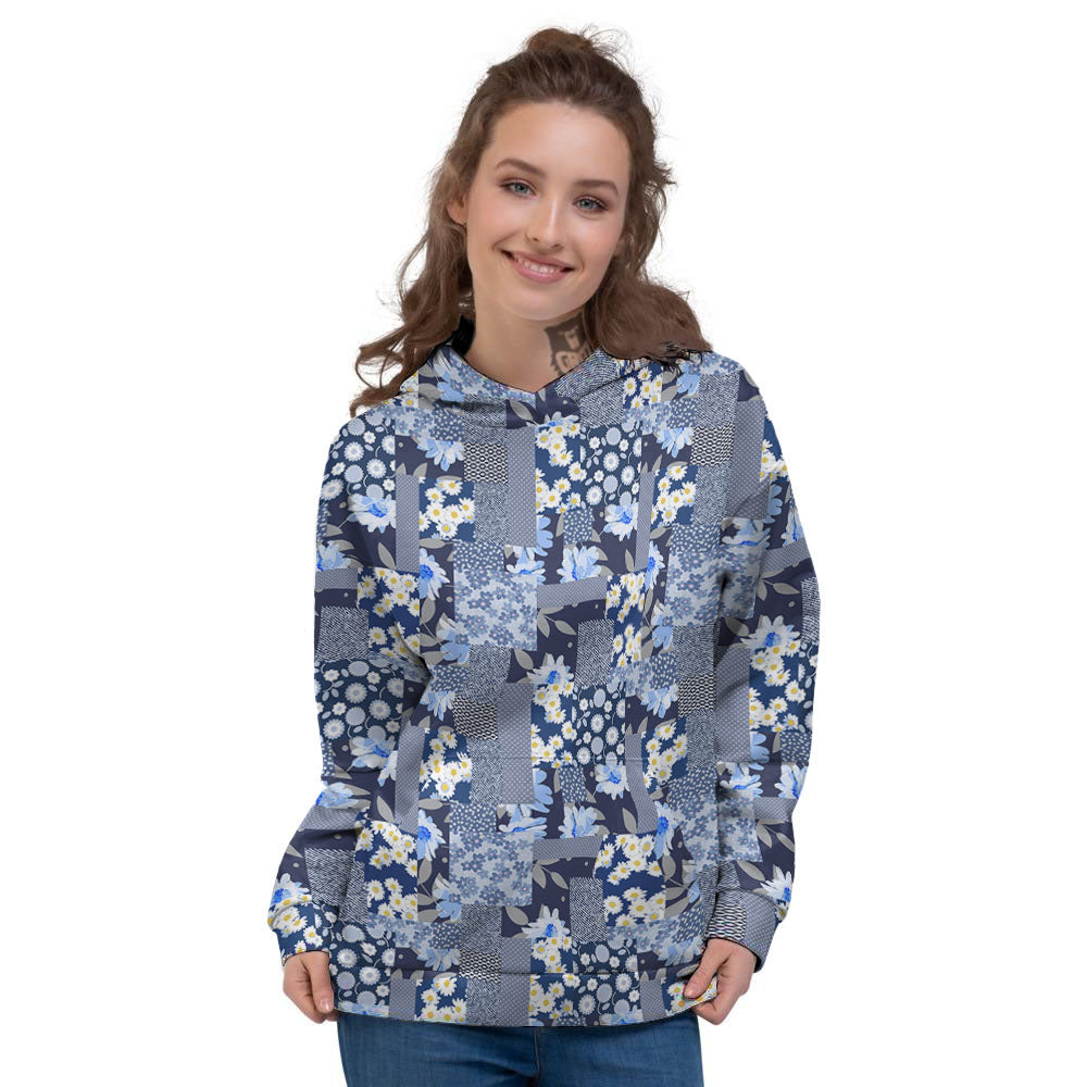 Patchwork Blue Floral Print Pattern Women's Hoodie-grizzshop
