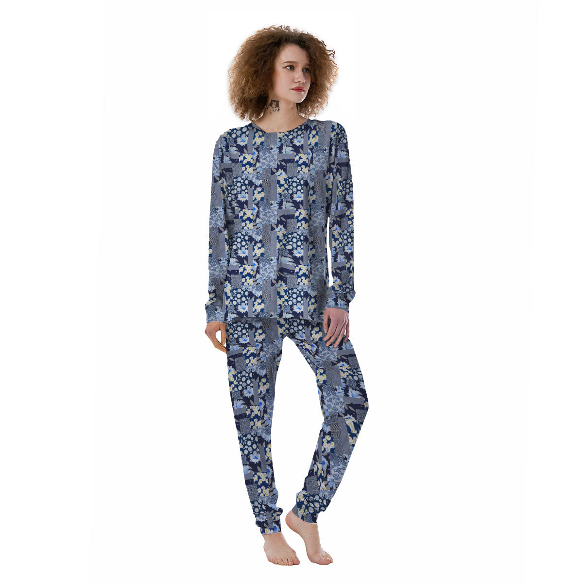 Patchwork Blue Floral Print Pattern Women's Pajamas-grizzshop