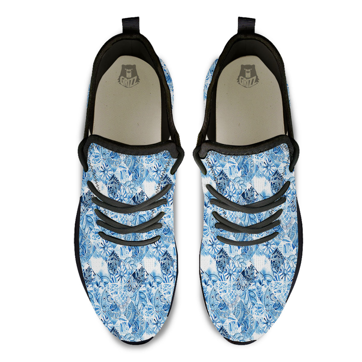Patchwork Blue Flower Print Pattern Black Athletic Shoes-grizzshop
