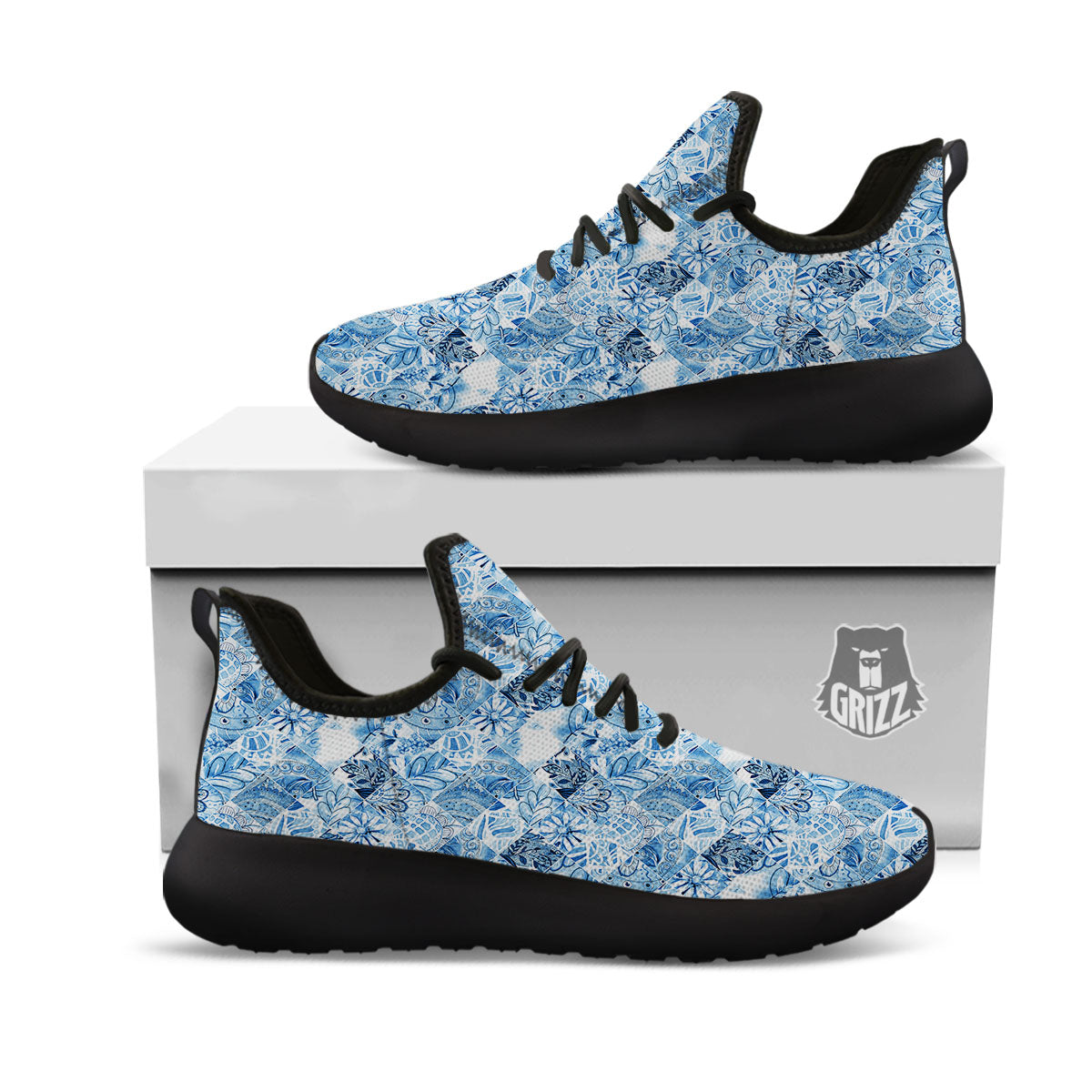 Patchwork Blue Flower Print Pattern Black Athletic Shoes-grizzshop