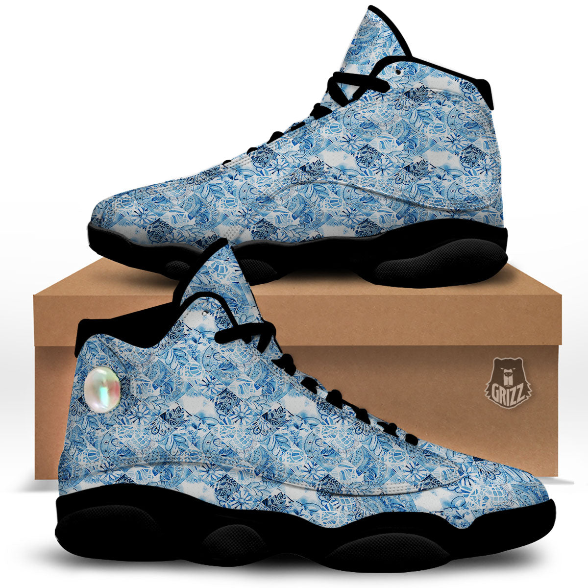 Patchwork Blue Flower Print Pattern Black Basketball Shoes-grizzshop