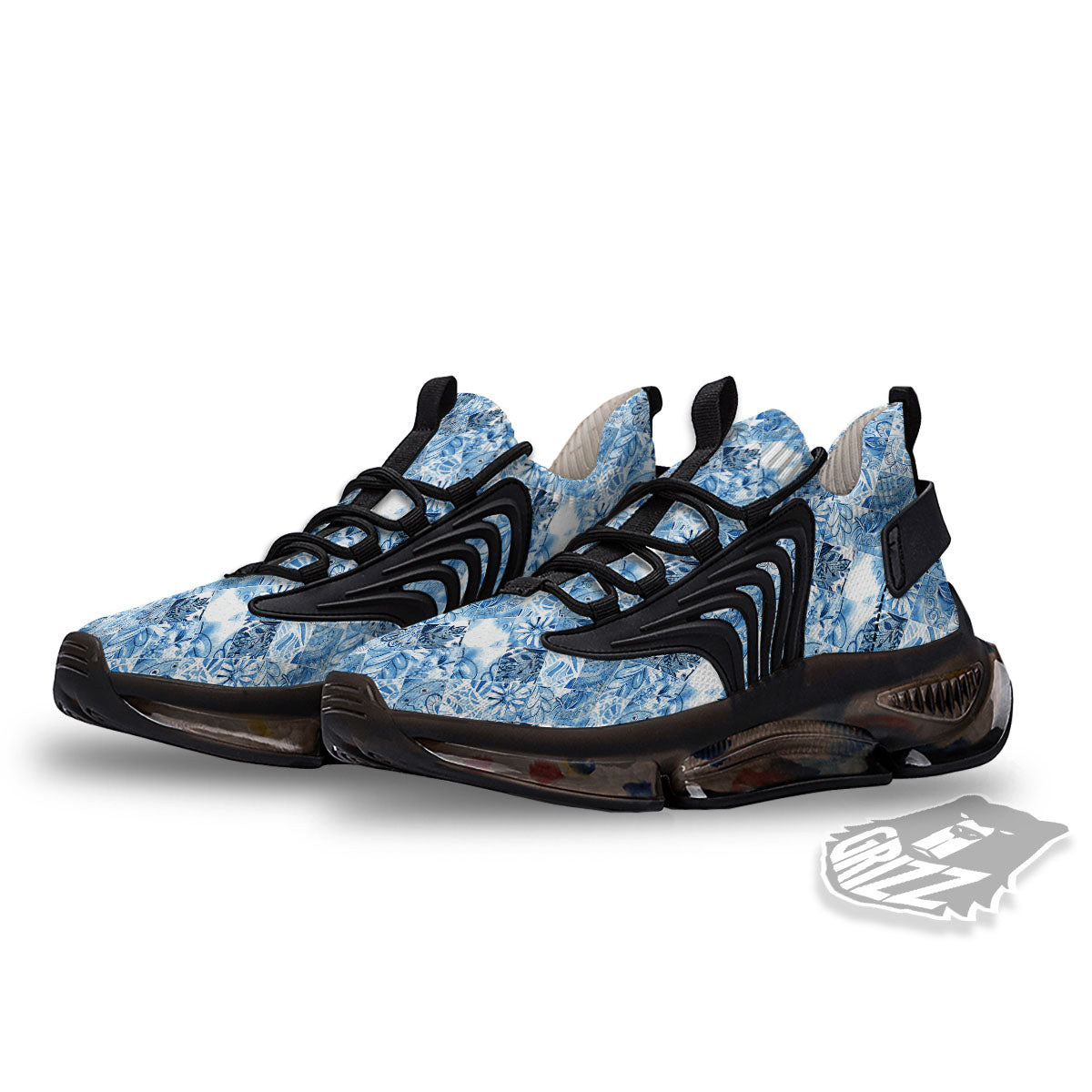 Patchwork Blue Flower Print Pattern Black Gym Shoes-grizzshop