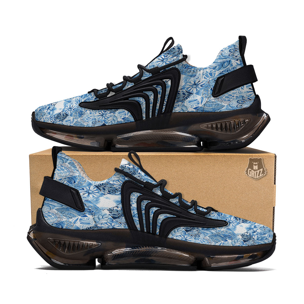 Patchwork Blue Flower Print Pattern Black Gym Shoes-grizzshop