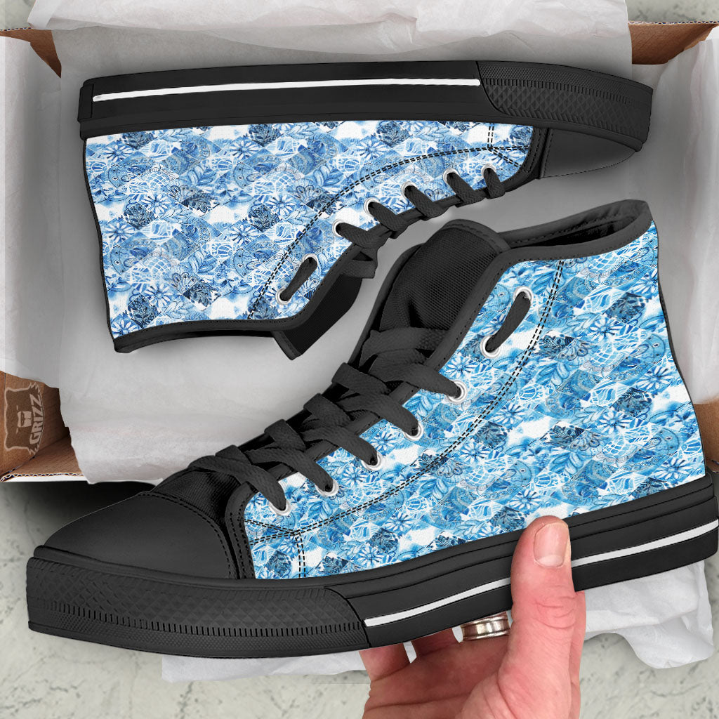 Patchwork Blue Flower Print Pattern Black High Top Shoes-grizzshop