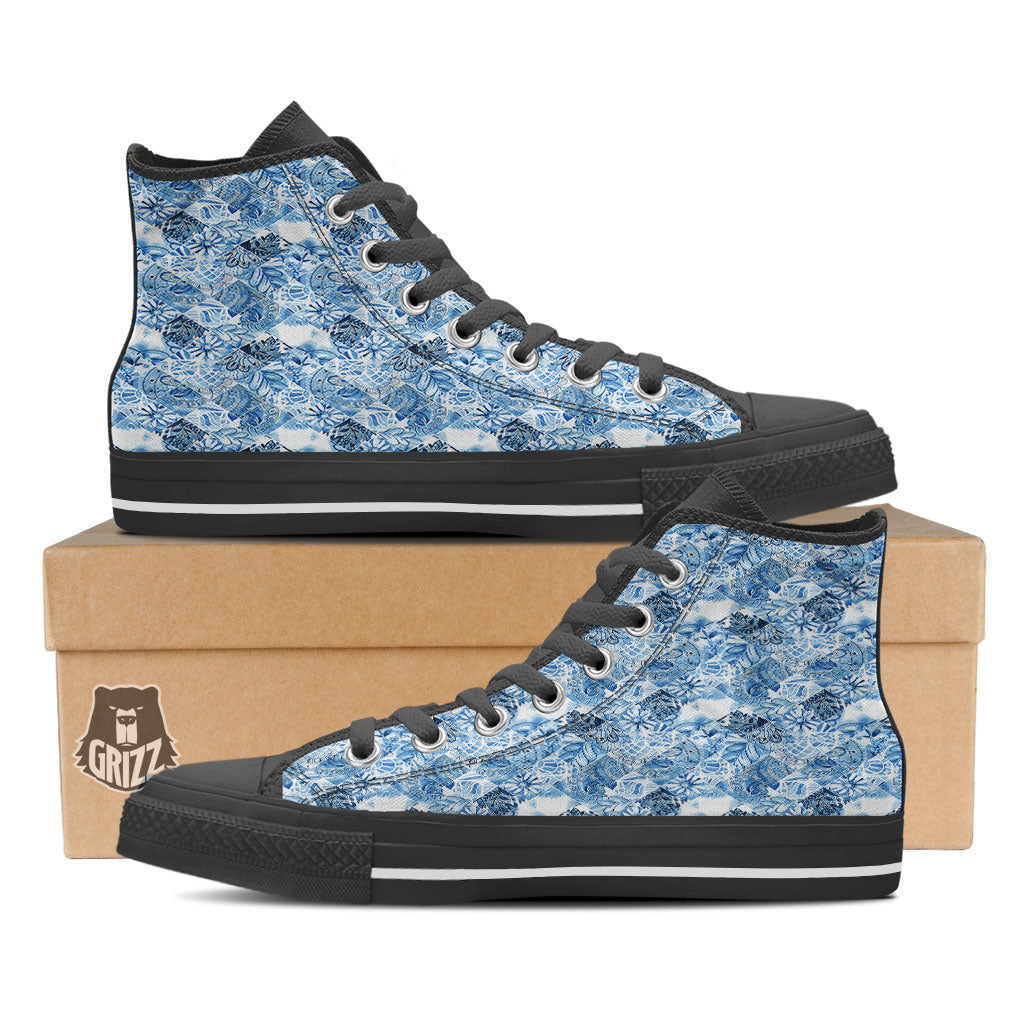 Patchwork Blue Flower Print Pattern Black High Top Shoes-grizzshop