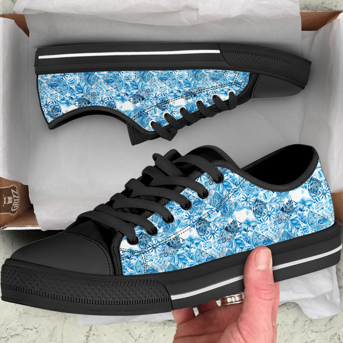 Patchwork Blue Flower Print Pattern Black Low Top Shoes-grizzshop
