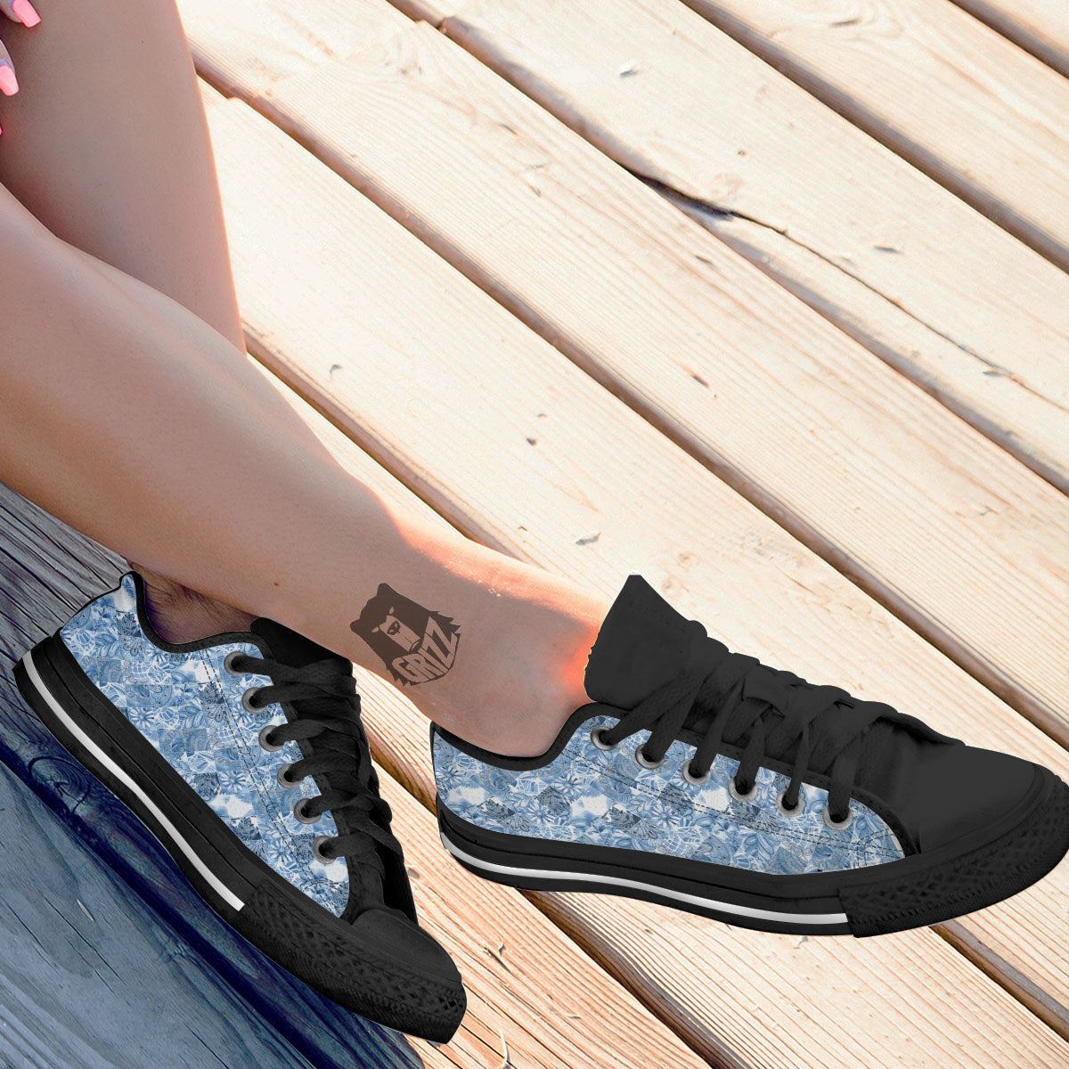 Patchwork Blue Flower Print Pattern Black Low Top Shoes-grizzshop
