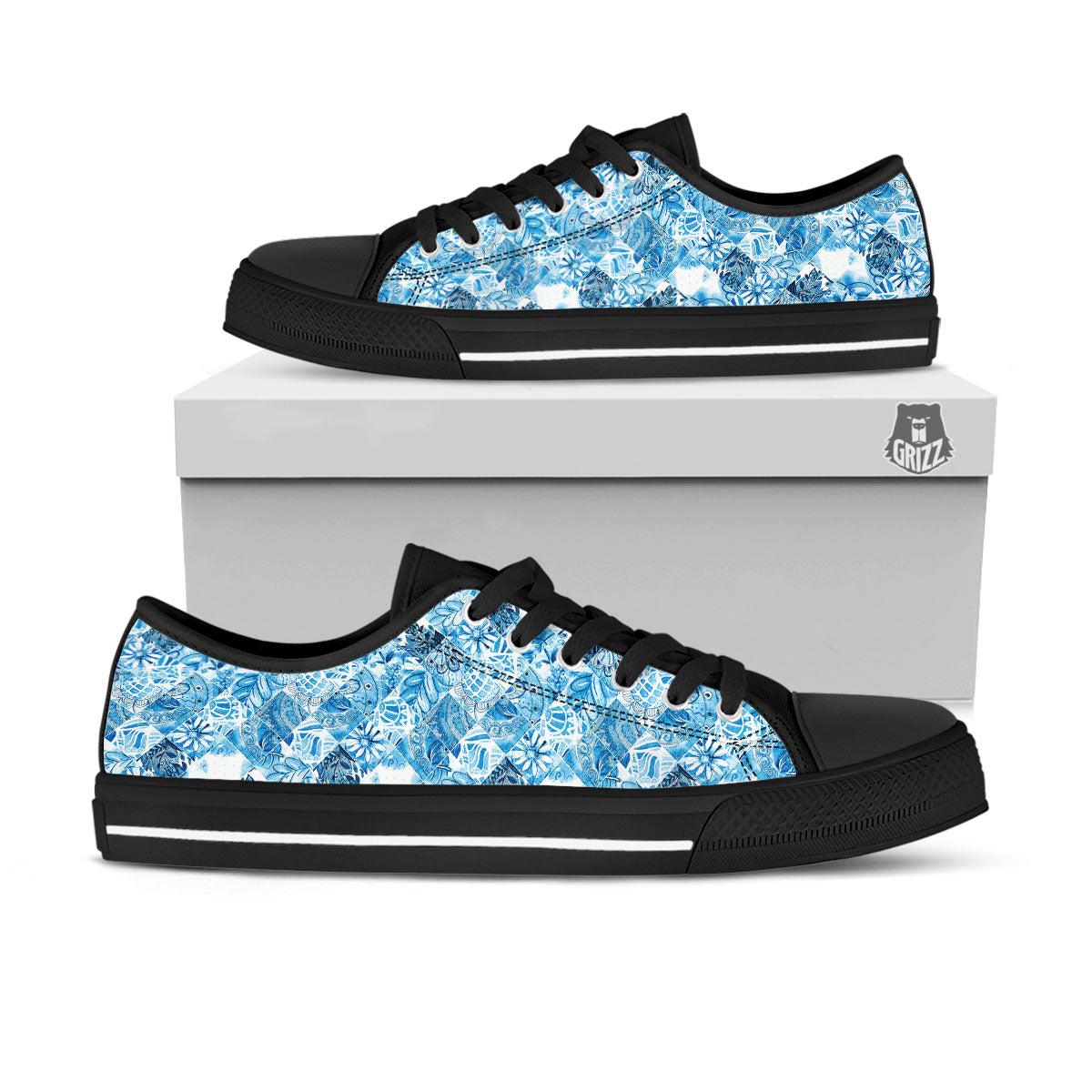 Patchwork Blue Flower Print Pattern Black Low Top Shoes-grizzshop