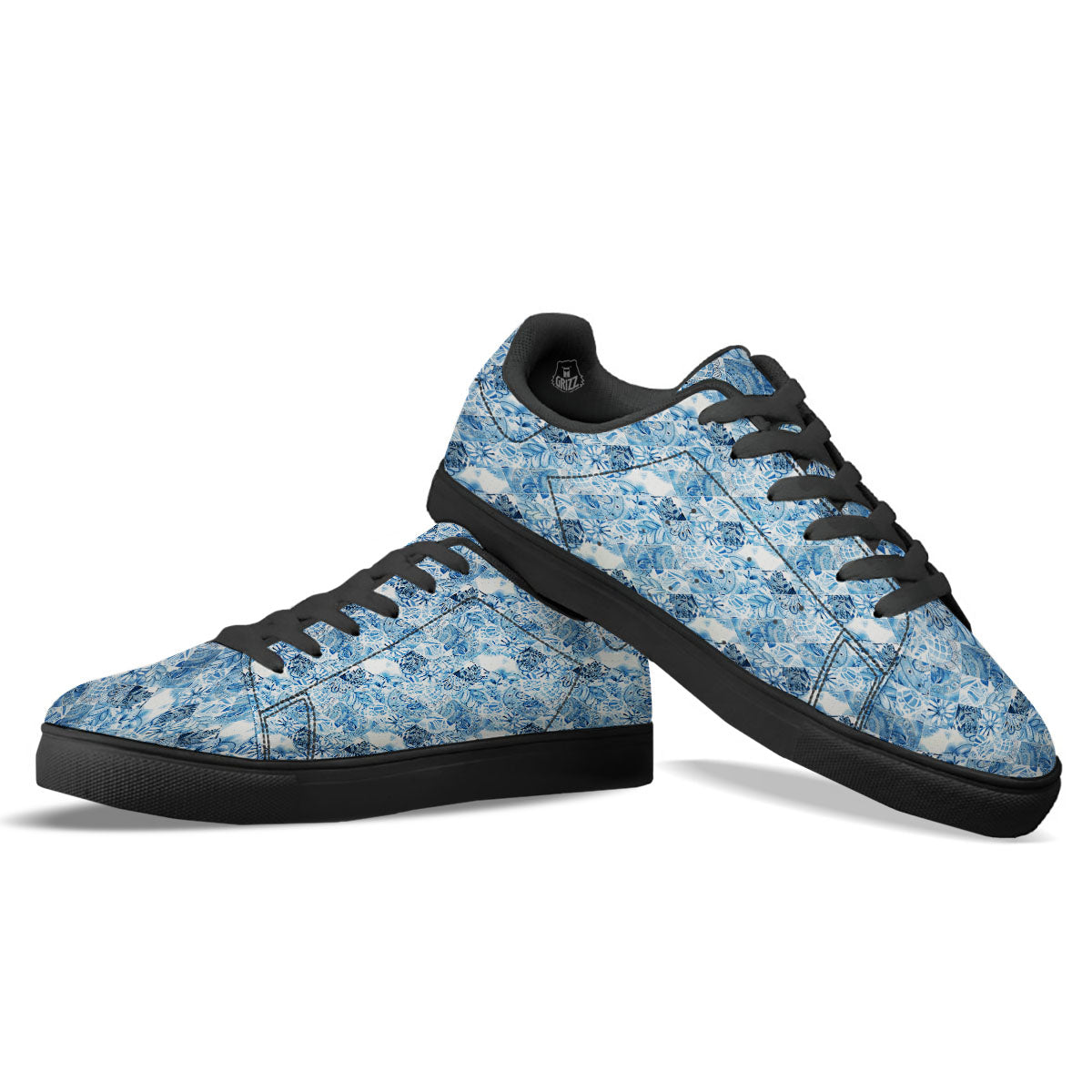 Patchwork Blue Flower Print Pattern Black Low Top Sneakers-grizzshop