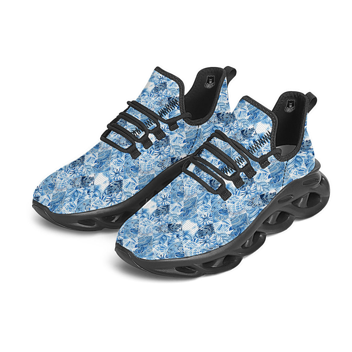Patchwork Blue Flower Print Pattern Black Running Shoes-grizzshop