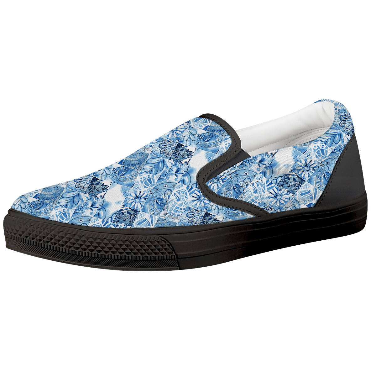 Patchwork Blue Flower Print Pattern Black Slip On Shoes-grizzshop