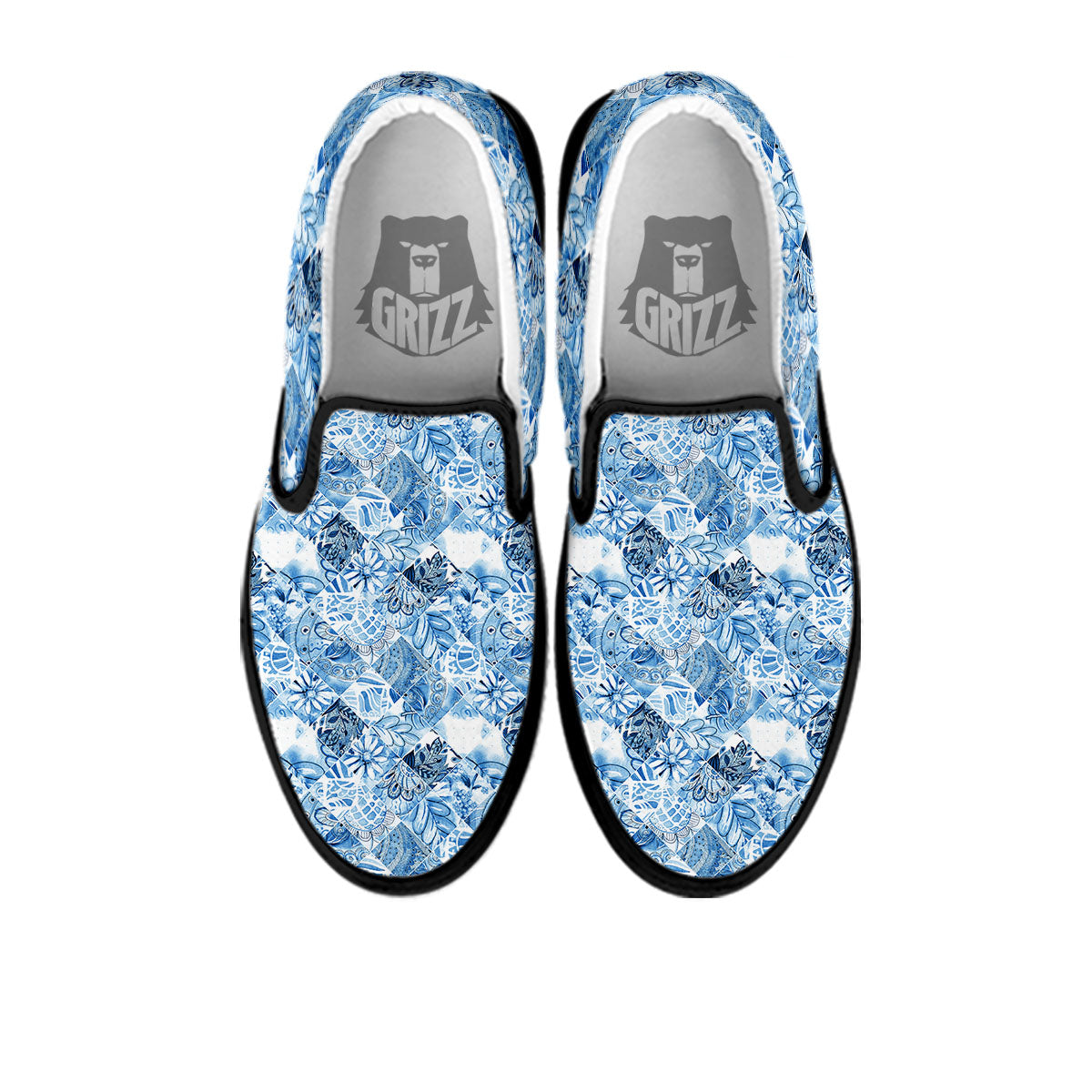 Patchwork Blue Flower Print Pattern Black Slip On Shoes-grizzshop