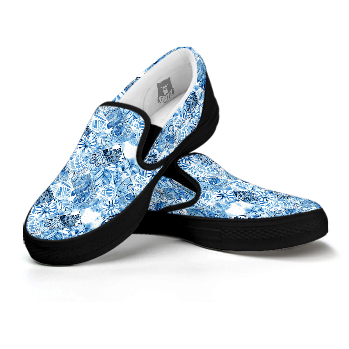 Patchwork Blue Flower Print Pattern Black Slip On Shoes-grizzshop