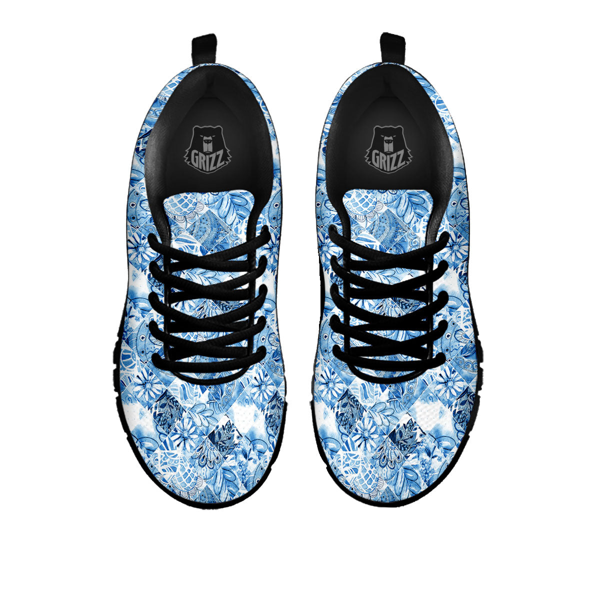 Patchwork Blue Flower Print Pattern Black Sneaker-grizzshop