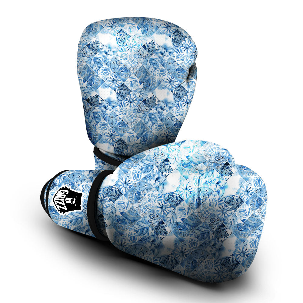 Patchwork Blue Flower Print Pattern Boxing Gloves-grizzshop