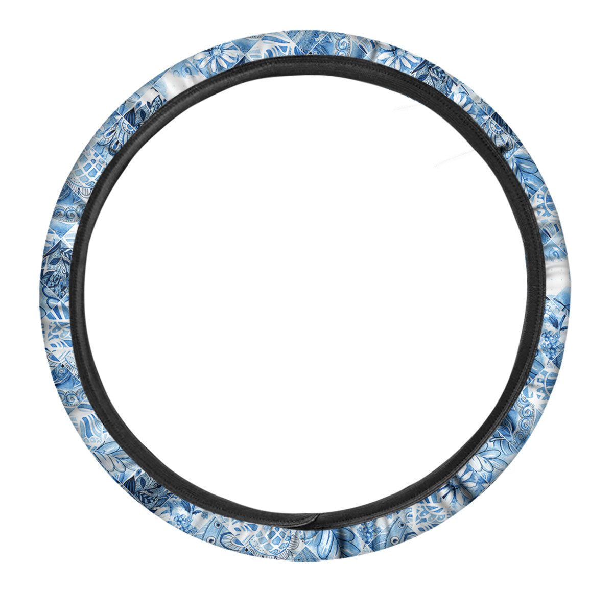 Patchwork Blue Flower Print Pattern Car Steering Wheel Cover-grizzshop