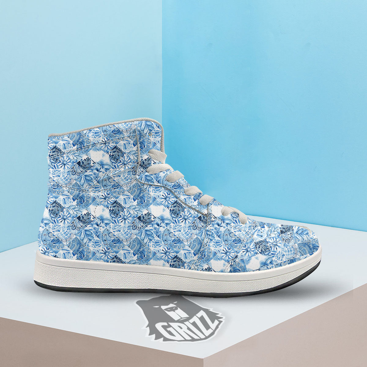 Patchwork Blue Flower Print Pattern High Top Sneakers-grizzshop