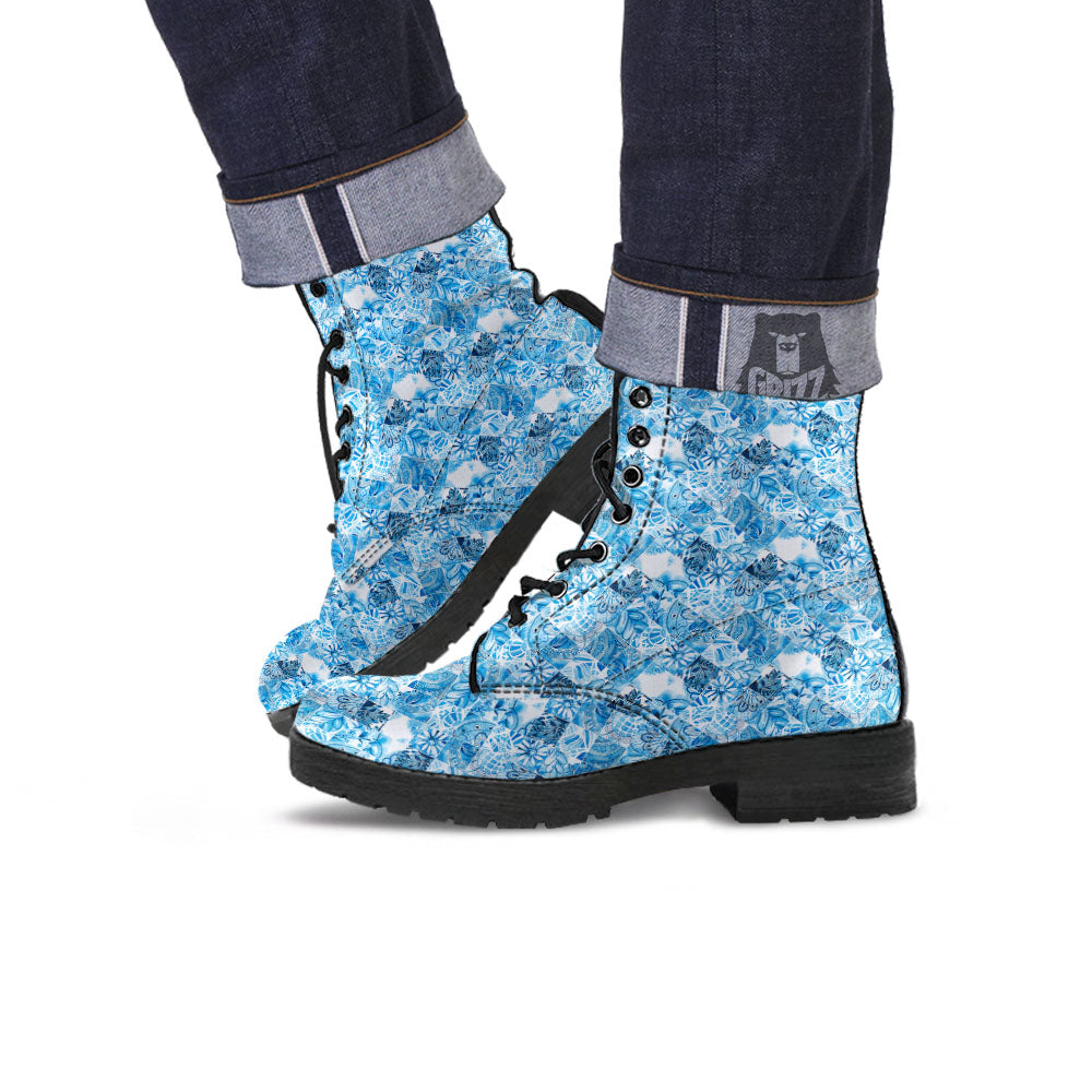 Patchwork Blue Flower Print Pattern Leather Boots-grizzshop