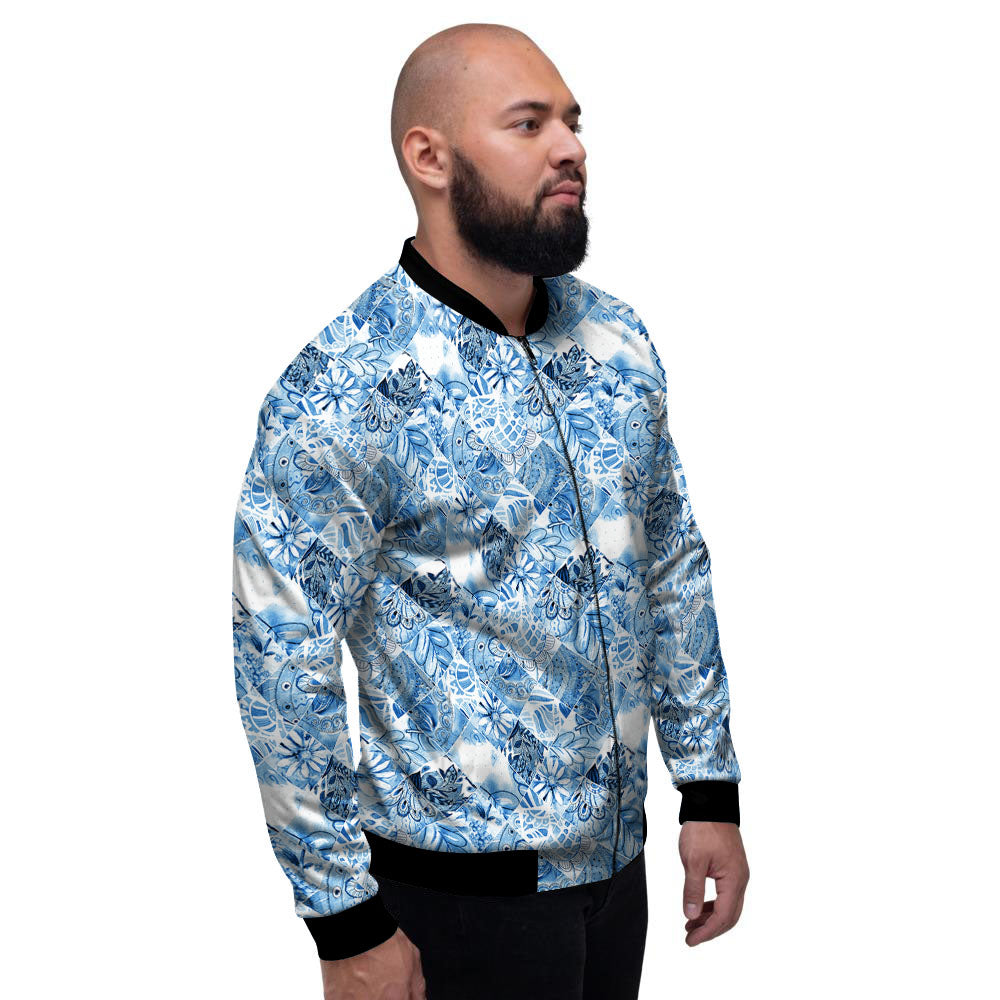 Patchwork Blue Flower Print Pattern Men's Bomber Jacket-grizzshop
