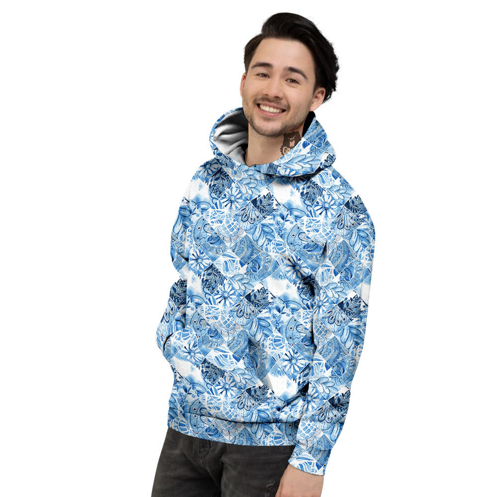 Patchwork Blue Flower Print Pattern Men's Hoodie-grizzshop